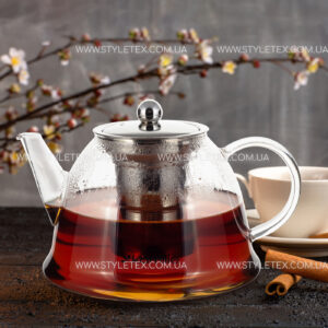 front view cup of tea with lemon cinnamon and kettle on grey bac Чайник заварювальний Kamille KM-0784S
