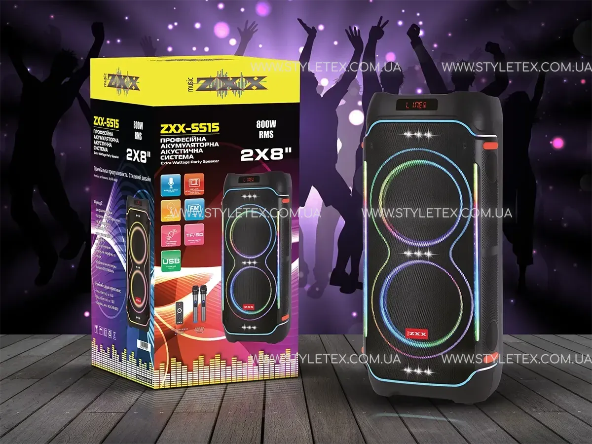 Акустична переносна колонка ZXX-5515 80Вт 2x8" 74х34х30см USB/TF/REC/LED/EQ/FM/BT/MIC/ДК
