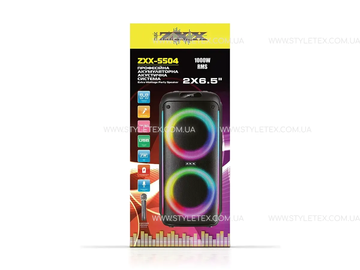 Акустична переносна колонка ZXX-5504 1000Вт 2x6,5" 54x24х23 см USB/TWS/TF/REC/LED/EQ/FM/BT/MIC/ДК