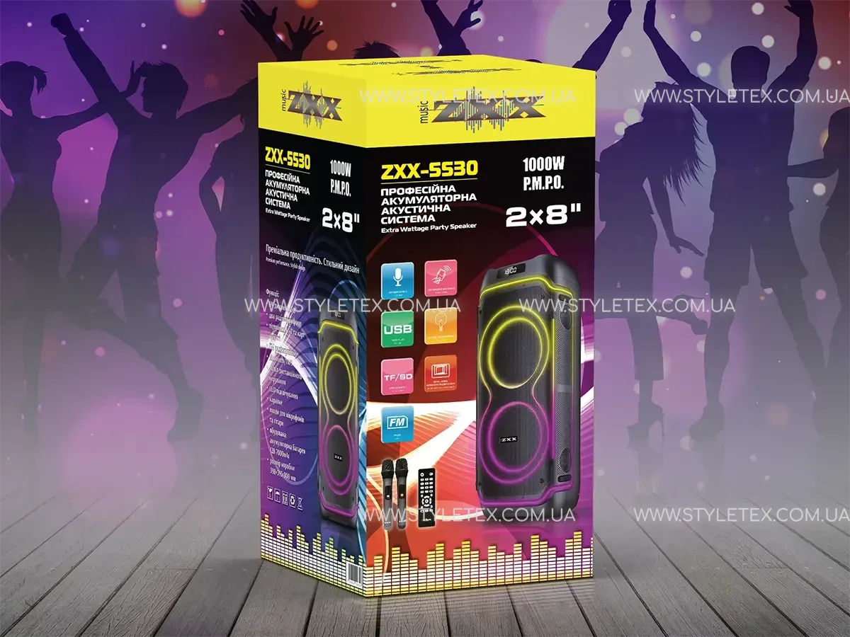 6722991013_akusticheskaya-perenosnaya-kolonka.webp Акустична переносна колонка ZXX-5530 80Вт 2x8" 73х30х31cм USB/TWS/TF/REC/LED/EQ/FM/BT/2MIC/ДУ