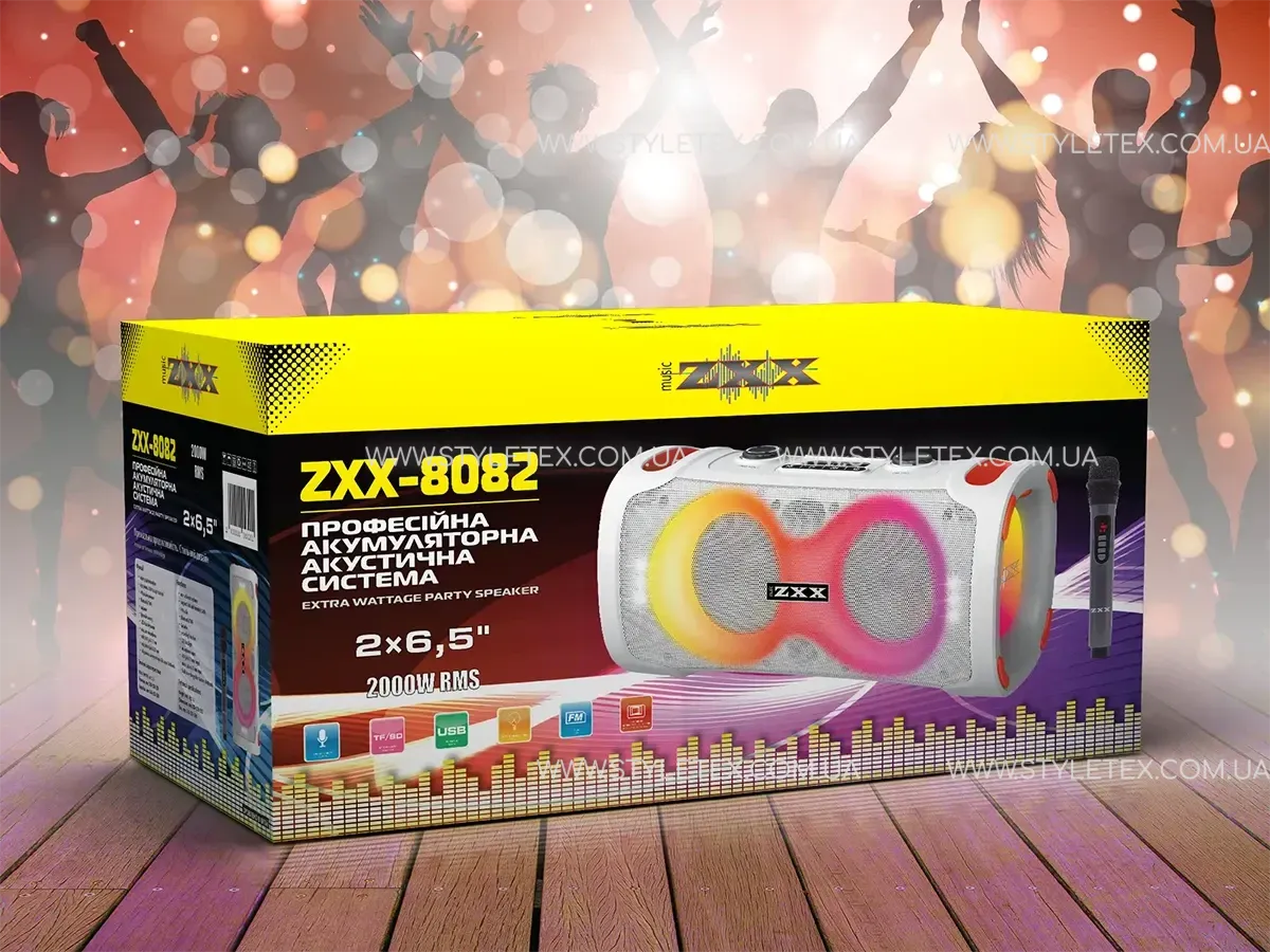 Акустична переносна колонка ZXX-8082 60Вт 2x6,5" TWS/FM/USB/TF/BT/LED/REC/MIC