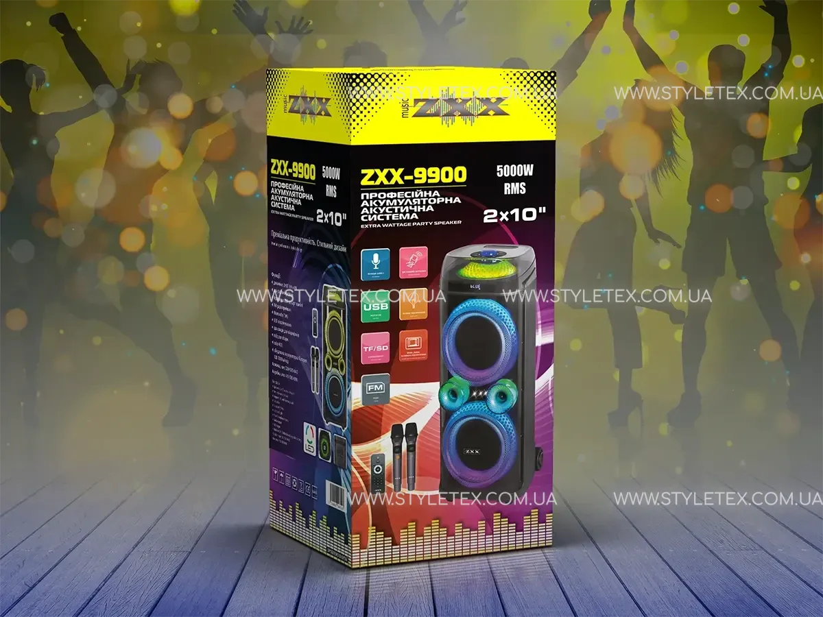 Акустична переносна колонка ZXX-9900 80Вт 2x10" TWS/FM/USB/TF/BT/LED/REC/ДК/2MIC