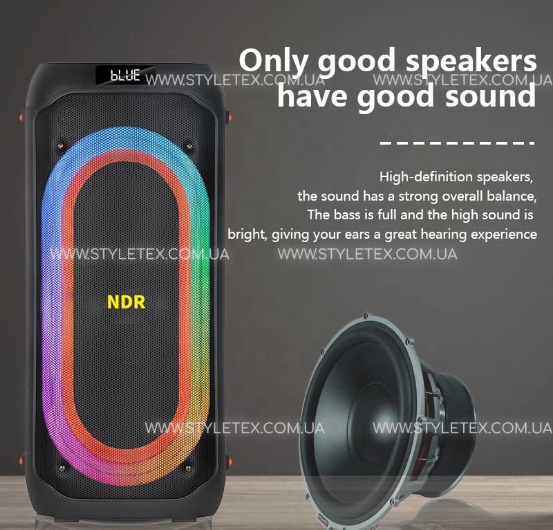 Акустична переносна колонка NDR-717 2x8" TWS/FM/USB/TF/BT/LED/REC/ДК/2MIC